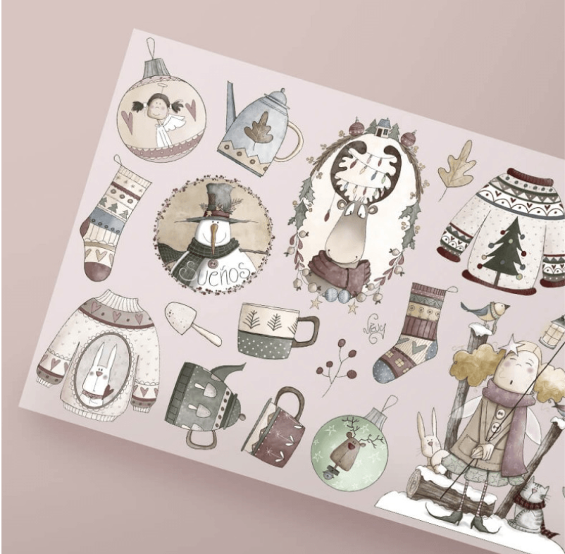 Lámina transfer Renos de El Altillo de los Duendes con motivos navideños, jerséis, calcetines, tazas y bolas decorativas