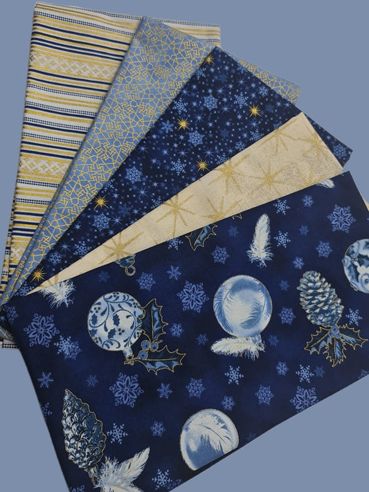 Telas precortadas navideñas azules y dorados