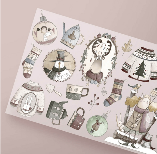 Lámina transfer Renos de El Altillo de los Duendes con motivos navideños, jerséis, calcetines, tazas y bolas decorativas