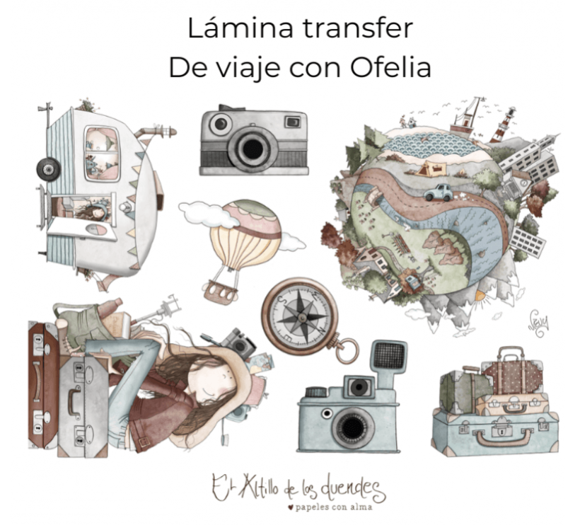 Transfer textil De viaje con Ofelia con caravana, globo, globo terráqueo, brújula, cámaras y maletas