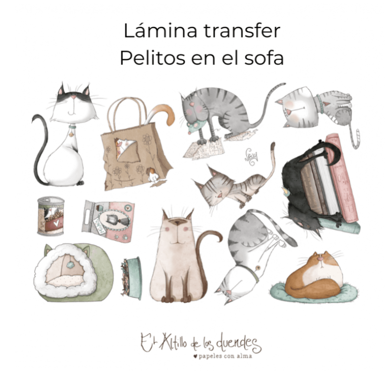 Lámina transfer textil Pelitos en el Sofá con ilustraciones de gatos y objetos cotidianos de El Altillo de los Duendes