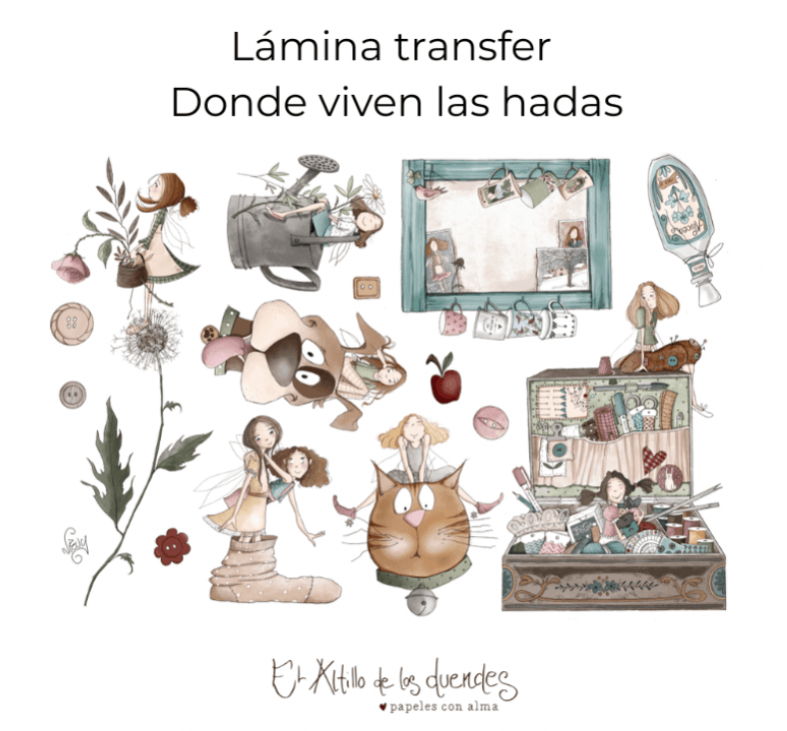 Lámina transfer Donde viven las hadas con hadas, gato, perrito, regadera y costurero de El Altillo de los Duendes