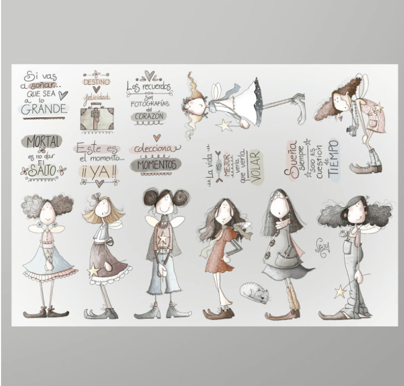 Lámina transfer Hadas del Corazón de El Altillo de los Duendes con hadas, estrellas y frases decorativas