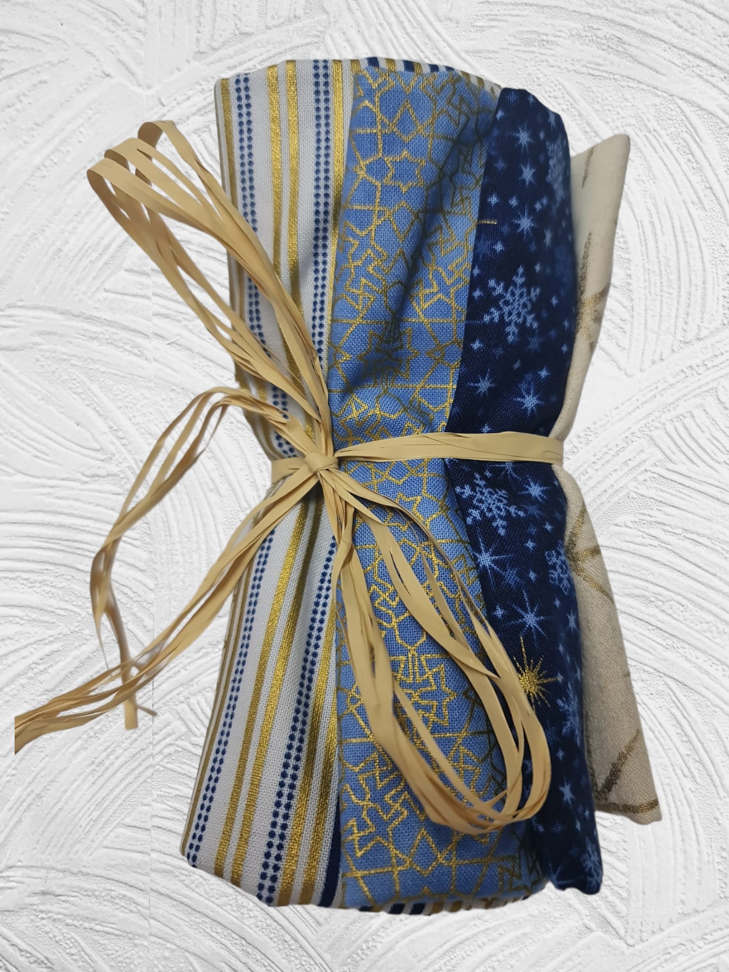 Telas precortadas navideñas azules y dorados